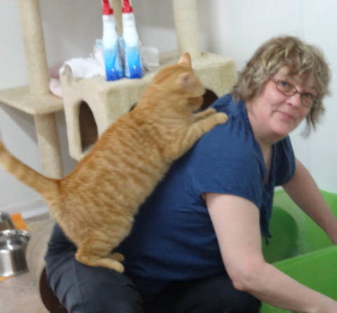 Helping Fiona scoop litter boxes